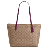 COACH Zip Top Tote In Signature Canvas Khaki/Deep Berry